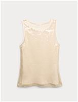 Sheer Sequin Embellished Fitted Vest with Rib Top