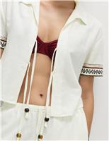 Linen Rich Beaded Tie Front Beach Shirt