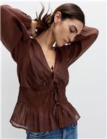 Lyocell Rich V-Neck Shirred Blouse