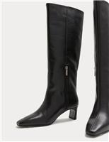 Leather Block Kitten Heel Knee High Boots
