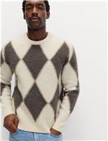 Argyle Hazy Knit Crew Neck Jumper with Wool
