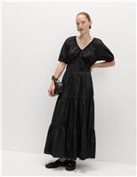 Pure Cotton Tie Neck Midaxi Waisted Dress