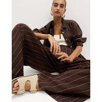 M&S Pure Linen Wide Leg Trousers Brown Mix