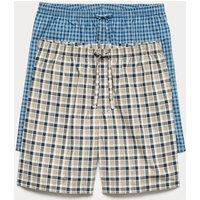 M&S 2 Pack Pure Cotton Checked Pyjama Shorts Blue Mix
