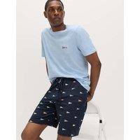 M&S Pure Cotton Off Duty Pyjama Set Blue Mix