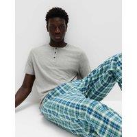 M&S Pure Cotton Henley Checked Pyjama Set Grey Mix