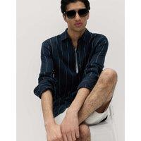 M&S Regular Fit Pure Linen Striped Shirt Blue Mix