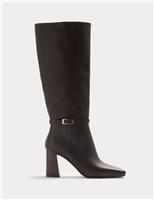 Leather Block Heel Knee High Boots