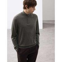 Autograph Pure Extra Fine Merino Wool Half Zip Jumper Khaki