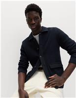 M&S Pure Cotton Collared Knitted Jacket Navy