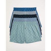 M&S 5 Pack Pure Cotton Palm Print Woven Boxers Blue Mix