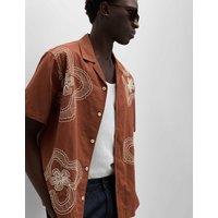 M&S Regular Fit Cotton Linen Blend Floral Shirt Rust Mix