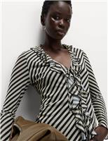 Striped V-Neck Frill Detail Top