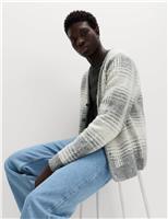 Checked Hazy Knit V-Neck Cardigan with Wool
