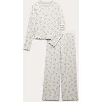M&S Cotton Rich Cherry Ribbed Pyjamas (6-16 Yrs) Grey Marl