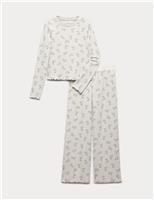 M&S Cotton Rich Cherry Ribbed Pyjamas (6-16 Yrs) Grey Marl