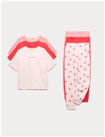 M&S 3 Pack Pure Cotton Hearts & Stripes Pyjama Sets (6-16 Yrs) Red Mix