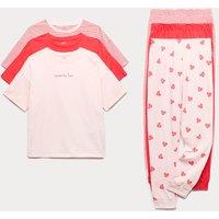 M&S 3 Pack Pure Cotton Hearts & Stripes Pyjama Sets (6-16 Yrs) Red Mix