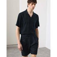 Autograph Cotton Linen Blend Pleat Front Shorts Dark Navy