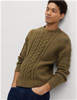 Cotton Blend Cable Knit Crew Neck Jumper