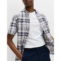 M&S Cotton Linen Blend Check Short Sleeve Shirt White Mix