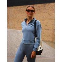 Goodmove Sandwashed Funnel Neck Half Zip Sweatshirt Slate Blue
