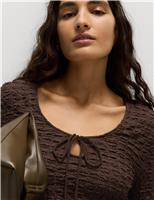 Textured Keyhole Tie Detail Long Sleeve Top