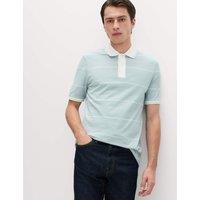 M&S Pure Cotton Pique Striped Polo Shirt Soft Blue