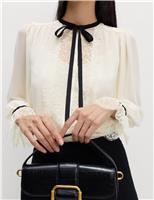 Contrast Tie Neck Frill Sleeve Lace Detail Top