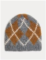 Fluffy Knitted Argyle Beanie Hat with Wool