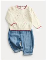 2pc Floral Cable Knit Jumper & Jeans Outfit (0 Mths-3 Yrs)