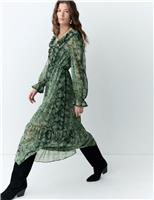 Snake Print V-Neck Frill Detail Midi Dress