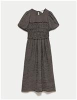 Gingham Puff Sleeve Midi Waisted Dress