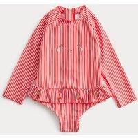 M&S Strawberry Stripe Long Sleeve Swimsuit (0-3 Yrs) Red Mix
