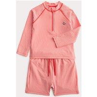 M&S 2 Piece Striped Seersucker Long Sleeve Swim Set (0-3 Yrs) Red Mix