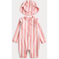 M&S 2pc Swimsuit & Hat Set (0-3 Mths) Pink Mix