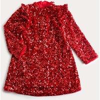 M&S Long Sleeve Sequin Dress (2-10 Yrs) Red