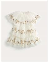 M&S Sequin Bow Tiered Dress (4-10 Yrs) Ecru