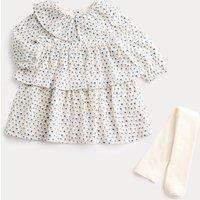 M&S 2 Piece Cotton Rich Ditsy Dress with Tights (0-6 Yrs) Cream Mix