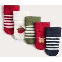 M&S 5 Pack Cotton Rich Christmas Baby Socks (0-3 Yrs) Multi