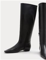 Leather Block Heel Chisel Toe Knee High Boots