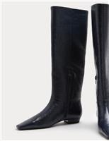 Leather Block Heel Chisel Toe Knee High Boots