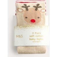 M&S 2 Pack Cotton Rich Reindeer Tights (0-3 Yrs) Cream Mix