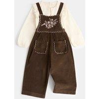 M&S 2 Piece Embroidered Dungaree Outfit (1-8 Yrs) Dark Brown