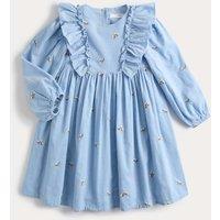 M&S Pure Cotton Frill Floral Embroidered Dress (1-8 Yrs) Light Blue Mix