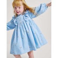M&S Pure Cotton Frill Floral Embroidered Dress (1-8 Yrs) Light Blue Mix