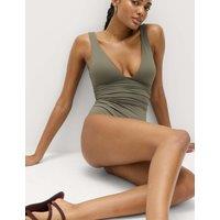 M&S Tummy Control Deep Plunge Swimsuit Dark Khaki