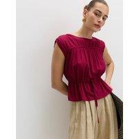 M&S Ruched Scoop Neck Regular Fit Top with Linen Raspberry