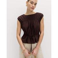 M&S Ruched Scoop Neck Regular Fit Top with Linen Peat