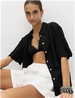 M&S Broderie Collared Cutwork Detail Shirt with Linen Fresh Blue